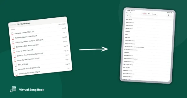 Shared folder of duplicate sheet music files next to a tablet showing one clean song list