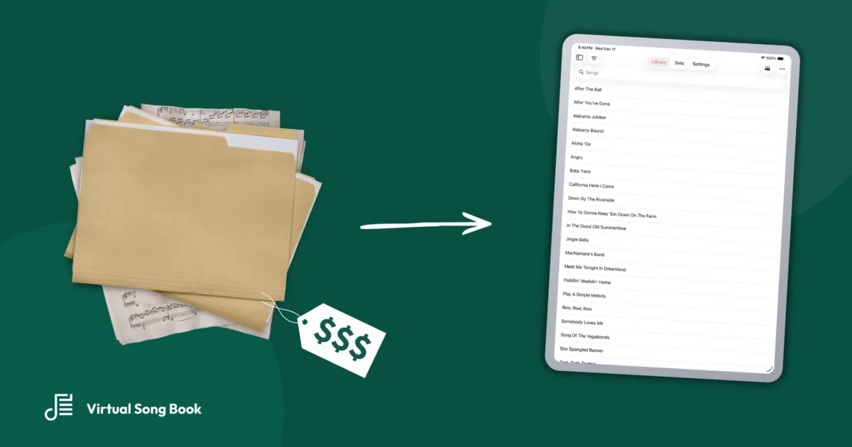 Folder of printed sheet music next to a tablet showing the Virtual Song Book library